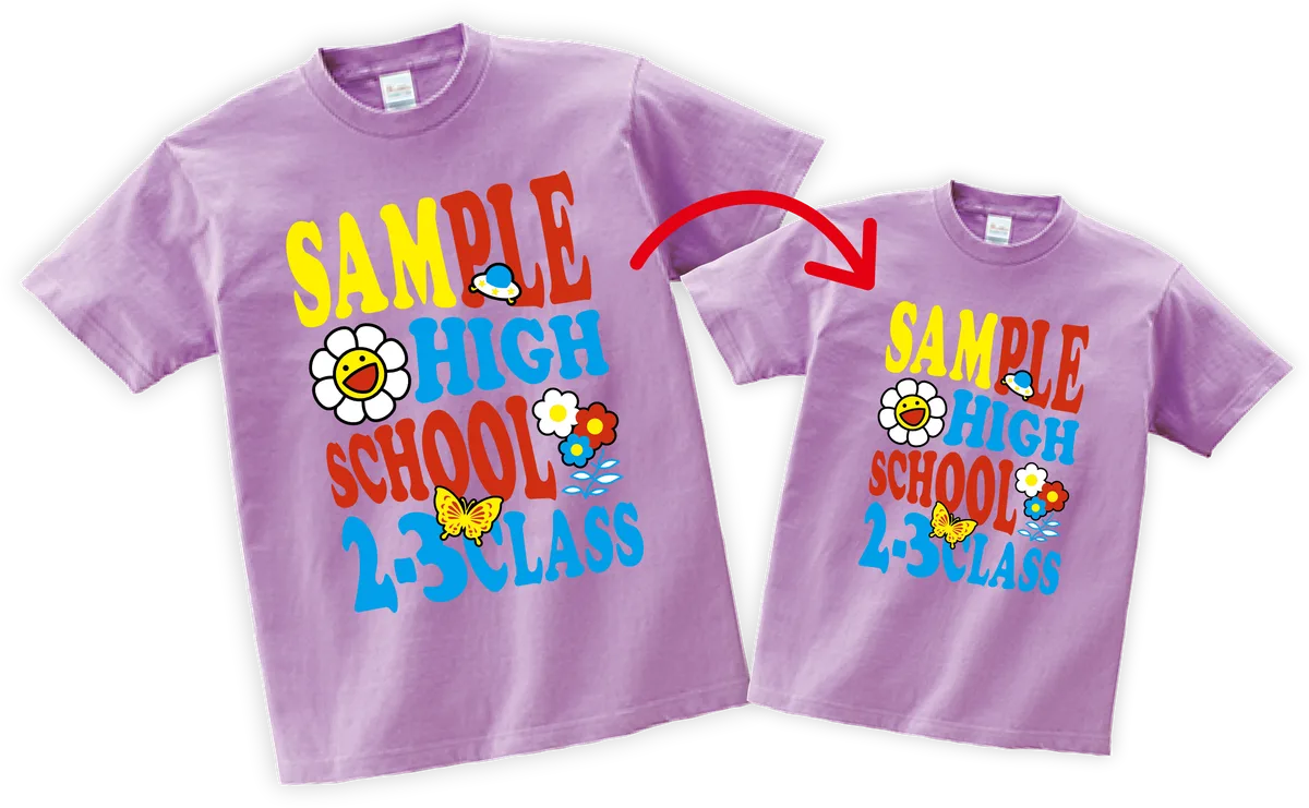 同じデザインを大小2つのサイズでプリントしたTシャツの例